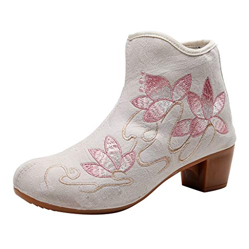 Luckycat Botas Mujer Botines con Bordado Zapatos Invierno Botas de Nieve Cálido Fur Forro Aire Libre Boots Urbano Fiesta Oficina Ayuda de Arco Botas Las Mujeres de los Cargadores de Lona del Tobillo