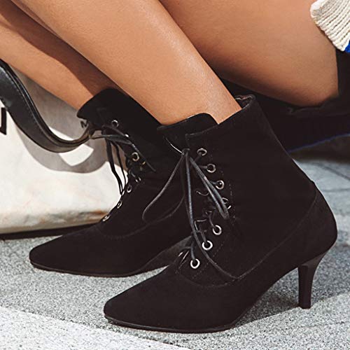 Luckycat Botines para Mujer Botines De Altos Tacón Mujer Piel con Plataforma Ante Forrados Cordones 7 Cm Zapatos Moda Otoño Invierno Comodos