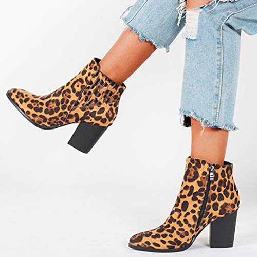 Luckycat Estampado De Leopardo Botines Mujer Planos Tacon Cuero Botas Chelsea Ancho Ante Piel Casual Zapatos Invierno Moda Ankle Boots Botines Mujer Invierno Botas Nieve Zapatillas Cremallera 7.5CM