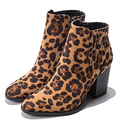 Luckycat Estampado De Leopardo Botines Mujer Planos Tacon Cuero Botas Chelsea Ancho Ante Piel Casual Zapatos Invierno Moda Ankle Boots Botines Mujer Invierno Botas Nieve Zapatillas Cremallera 7.5CM