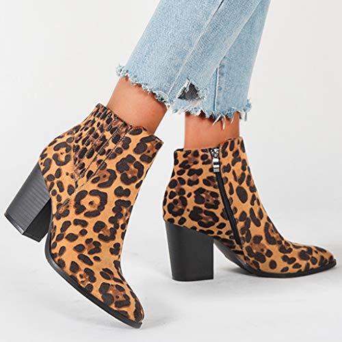 Luckycat Estampado De Leopardo Botines Mujer Planos Tacon Cuero Botas Chelsea Ancho Ante Piel Casual Zapatos Invierno Moda Ankle Boots Botines Mujer Invierno Botas Nieve Zapatillas Cremallera 7.5CM