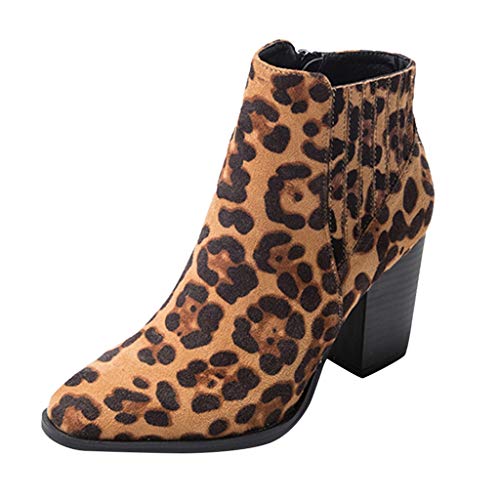 Luckycat Estampado De Leopardo Botines Mujer Planos Tacon Cuero Botas Chelsea Ancho Ante Piel Casual Zapatos Invierno Moda Ankle Boots Botines Mujer Invierno Botas Nieve Zapatillas Cremallera 7.5CM