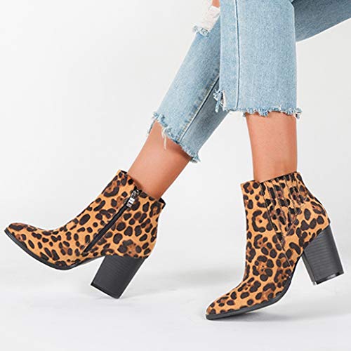 Luckycat Estampado De Leopardo Botines Mujer Planos Tacon Cuero Botas Chelsea Ancho Ante Piel Casual Zapatos Invierno Moda Ankle Boots Botines Mujer Invierno Botas Nieve Zapatillas Cremallera 7.5CM