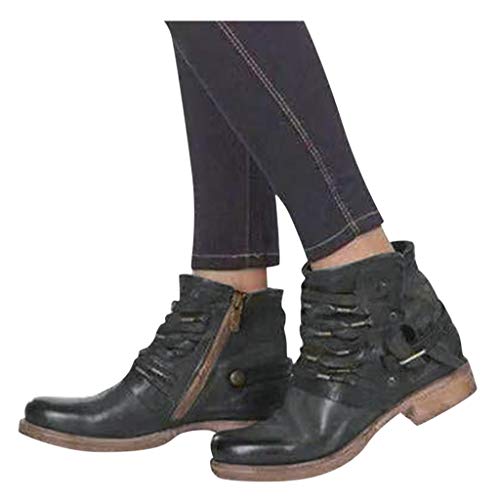 Luckycat Roma Botas Altas para Mujer de Invierno Botas de Invierno, Botines de Cuero Otoño Vintage Zapatos de Mujer Botas cómodas de tacón Plano Bota Corta