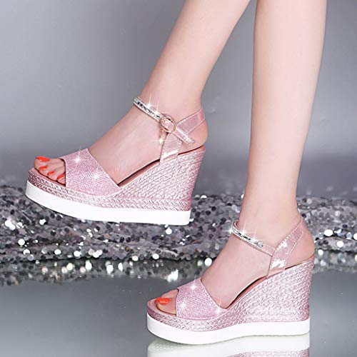 Luckycat Sandalias de Vestir Tacón para Mujer Plataforma Verano 2019 Casual Zapatos con Puntera Abierta de Cara Brillante Zapatos Tacón Bajo Cómodo Correa de Hebilla