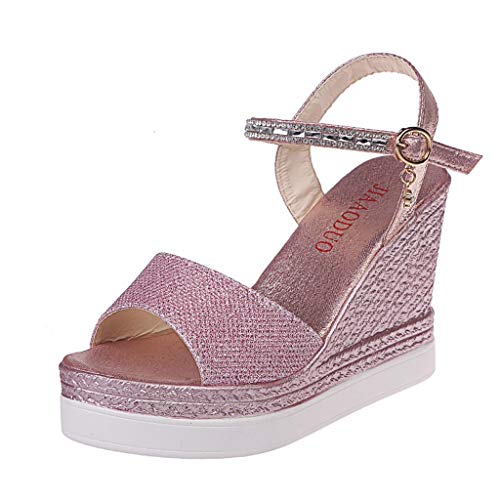 Luckycat Sandalias de Vestir Tacón para Mujer Plataforma Verano 2019 Casual Zapatos con Puntera Abierta de Cara Brillante Zapatos Tacón Bajo Cómodo Correa de Hebilla