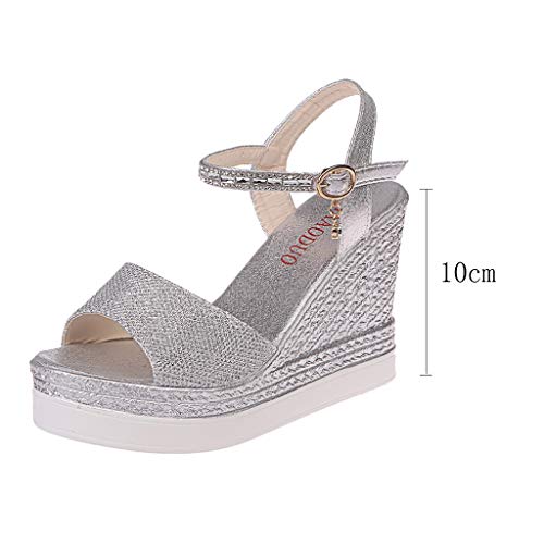 Luckycat Sandalias de Vestir Tacón para Mujer Plataforma Verano 2019 Casual Zapatos con Puntera Abierta de Cara Brillante Zapatos Tacón Bajo Cómodo Correa de Hebilla