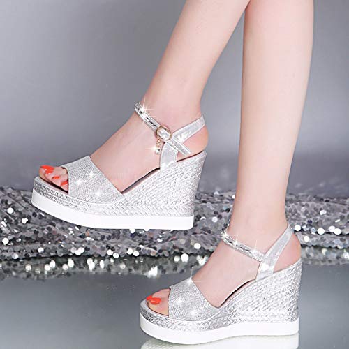 Luckycat Sandalias de Vestir Tacón para Mujer Plataforma Verano 2019 Casual Zapatos con Puntera Abierta de Cara Brillante Zapatos Tacón Bajo Cómodo Correa de Hebilla