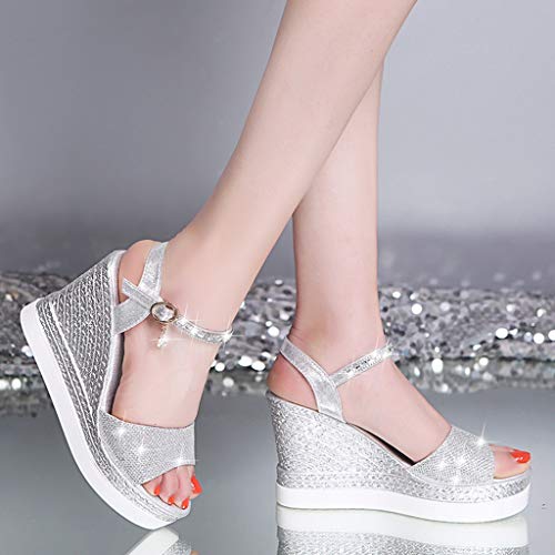 Luckycat Sandalias de Vestir Tacón para Mujer Plataforma Verano 2019 Casual Zapatos con Puntera Abierta de Cara Brillante Zapatos Tacón Bajo Cómodo Correa de Hebilla