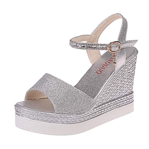 Luckycat Sandalias de Vestir Tacón para Mujer Plataforma Verano 2019 Casual Zapatos con Puntera Abierta de Cara Brillante Zapatos Tacón Bajo Cómodo Correa de Hebilla