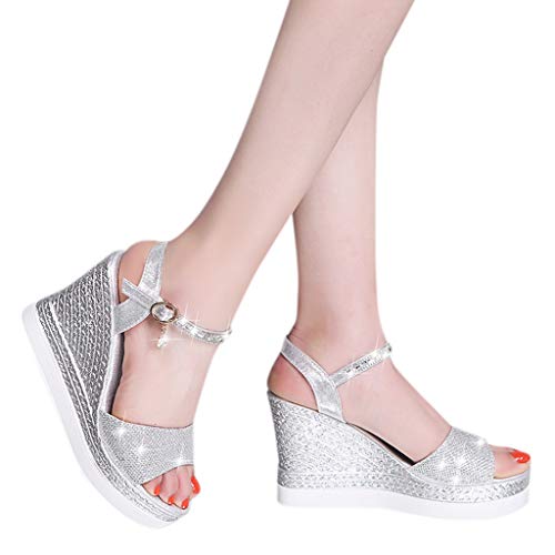 Luckycat Sandalias de Vestir Tacón para Mujer Plataforma Verano 2019 Casual Zapatos con Puntera Abierta de Cara Brillante Zapatos Tacón Bajo Cómodo Correa de Hebilla