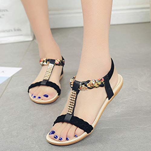 Luckycat Sandalias Planas Verano Mujer Estilo Bohemia Zapatos de Dedo Sandalias Talla Grande Cinta Elástica Casuales de Playa Chanclas Romanas de Mujer 2019 Rojo Beige Azul Negro Rhinestone de Moda