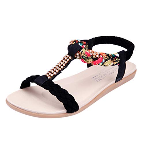 Luckycat Sandalias Planas Verano Mujer Estilo Bohemia Zapatos de Dedo Sandalias Talla Grande Cinta Elástica Casuales de Playa Chanclas Romanas de Mujer 2019 Rojo Beige Azul Negro Rhinestone de Moda