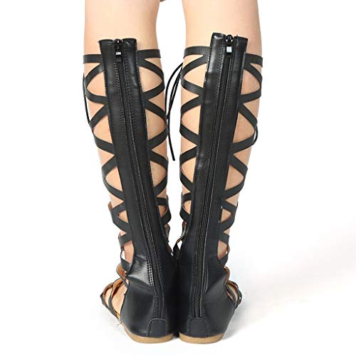 Luckycat Sandalias Romana Mujer Botas de Verano Sexy Hebillas de Metal Sandalias con Punta Abierta Mujer Corte Sandalias Estilo Gladiador Plano Rodilla Botas Tiras Gladiador Sandalias