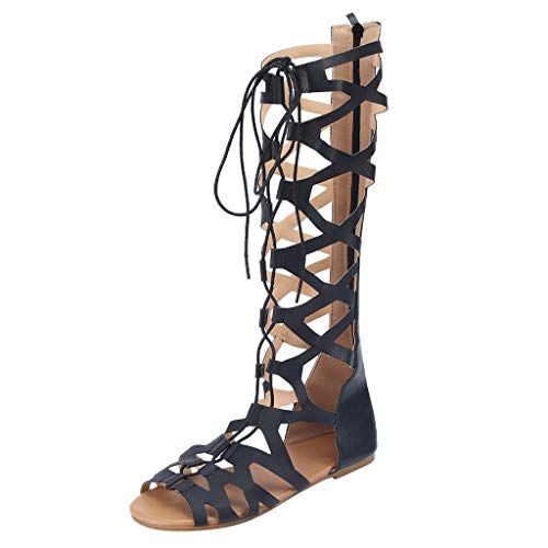 Luckycat Sandalias Romana Mujer Botas de Verano Sexy Hebillas de Metal Sandalias con Punta Abierta Mujer Corte Sandalias Estilo Gladiador Plano Rodilla Botas Tiras Gladiador Sandalias