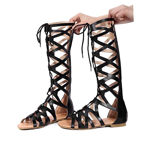 Luckycat Sandalias Romana Mujer Botas de Verano Sexy Hebillas de Metal Sandalias con Punta Abierta Mujer Corte Sandalias Estilo Gladiador Plano Rodilla Botas Tiras Gladiador Sandalias