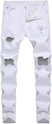 LuckyGirls Pantalones Hombres Vaqueros Originales Rotos Casuales Motocicleta Pantalones Slim Agujero Elasticos Streetwear Moda Pantalón (L, Blanco)