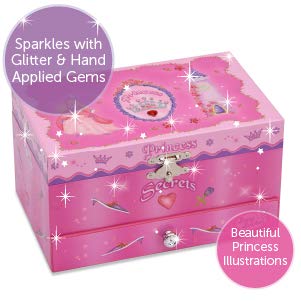 Lucy Locket - Joyero musical con «Princesas» para niños - Caja de música fucsia brillante para niños con soporte para anillos