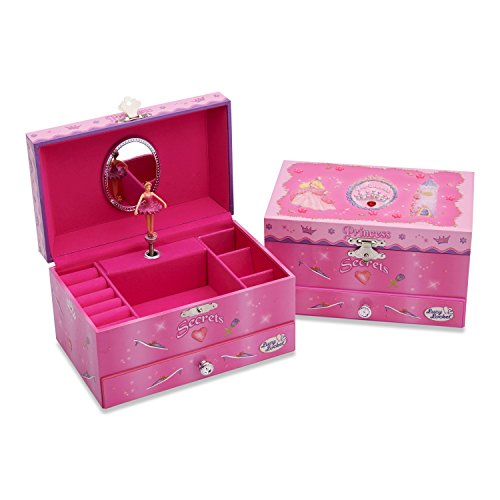 Lucy Locket - Joyero musical con «Princesas» para niños - Caja de música fucsia brillante para niños con soporte para anillos