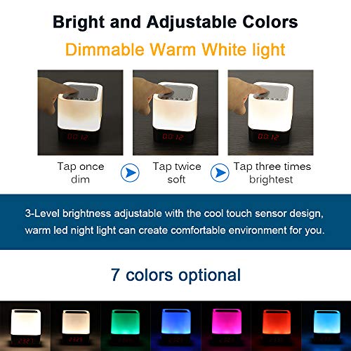 Luz Nocturna Altavoz Bluetooth, Gingbiss Lámpara Táctil Que Cambia de Color, Luz de Noche RGB Regulable, Reloj Despertador Digital, Regalo para Adolescentes