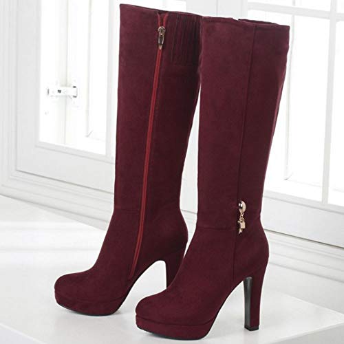 Lydee Mujer Elegant Botas Altas Tacón Anchos Botas Muslo Plataforma Dress Botas Largas Oficina Invierno Zapatos Tacones Cremallera Claret Tamaño 40