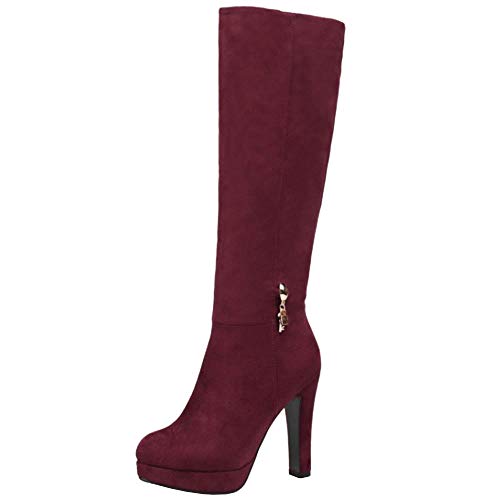 Lydee Mujer Elegant Botas Altas Tacón Anchos Botas Muslo Plataforma Dress Botas Largas Oficina Invierno Zapatos Tacones Cremallera Claret Tamaño 40