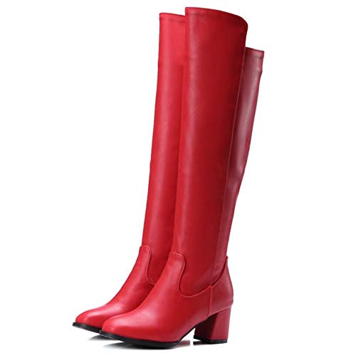 Lydee Mujer Moda Botas Rodilla Tacon Ancho Dress Botas Cremallera Botas Altas Partido Heels Red Talla 39