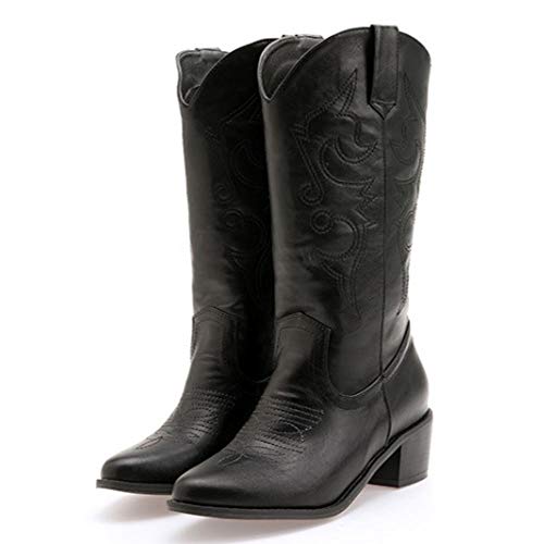 Lydee Mujer Moda Western Boots Ankle High Block Heels Pull on Botas Cortas Animal Print Black Talla 39