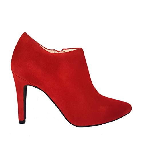 MALISO - Botines Salones Rojos Abotinados de Piel para Mujer con Punta Fina y Tacon Alto de 10 cm - Forro de Piel - Cierre Cremallera - Moda Tacones Stilettos Elegantes - Ante Rojo - Rojo 33 EU