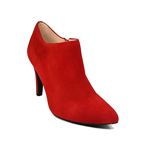 MALISO - Botines Salones Rojos Abotinados de Piel para Mujer con Punta Fina y Tacon Alto de 10 cm - Forro de Piel - Cierre Cremallera - Moda Tacones Stilettos Elegantes - Ante Rojo - Rojo 33 EU