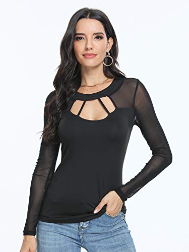 Manga Larga Corta Transparente para Mujer Blusa Camiseta Mujer Top de Manga Larga con Cuello Redondo
