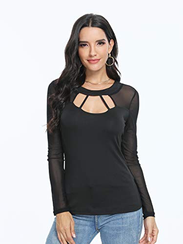Manga Larga Corta Transparente para Mujer Blusa Camiseta Mujer Top de Manga Larga con Cuello Redondo