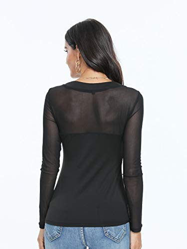 Manga Larga Corta Transparente para Mujer Blusa Camiseta Mujer Top de Manga Larga con Cuello Redondo