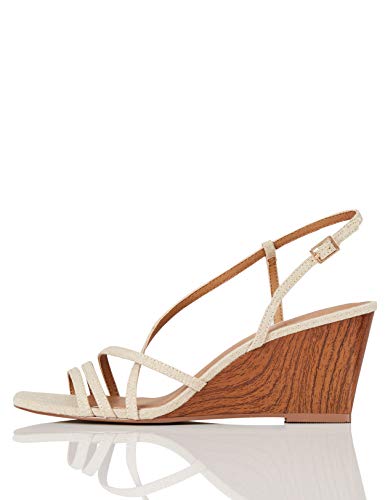 Marca Amazon - find. #_ OLIVIA-1A-2 Zapatos con Tacon y Correa de Tobillo, Beige (Beige Linen), 36