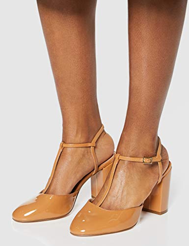 Marca Amazon - FIND Block Heel T-Bar Zapatos de Tacón, Beige (Caramel), 40 EU