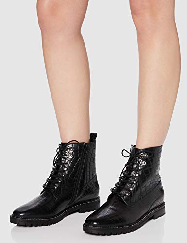 Marca Amazon - find. Lace Up Leather Croc Biker Botines, Negro Black, 37 EU