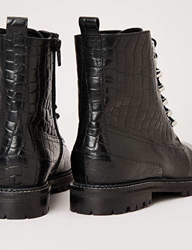 Marca Amazon - find. Lace Up Leather Croc Biker Botines, Negro Black, 37 EU