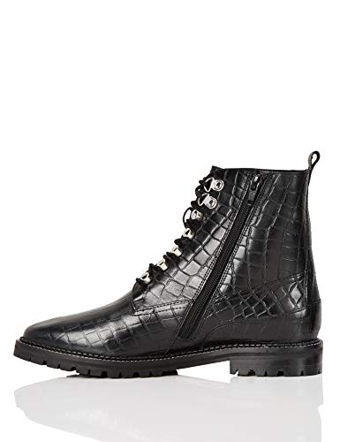 Marca Amazon - find. Lace Up Leather Croc Biker Botines, Negro Black, 41 EU