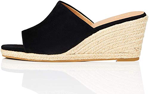 Marca Amazon - find. Mule Wedge Leather Sandalias con cuña Tipo Alpargatas, Negro (Black), 39 EU