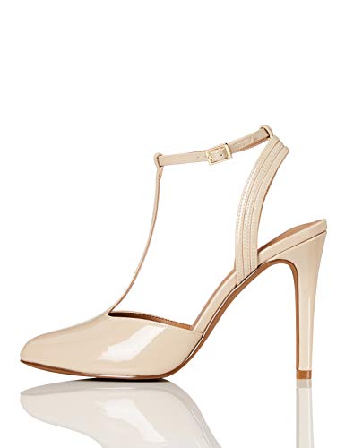 Marca Amazon - FIND Stiletto Round Toe T-Bar Zapatos de Tacón, Beige (Nude), 36 EU