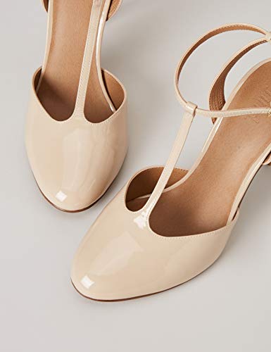 Marca Amazon - FIND Stiletto Round Toe T-Bar Zapatos de Tacón, Beige (Nude), 36 EU