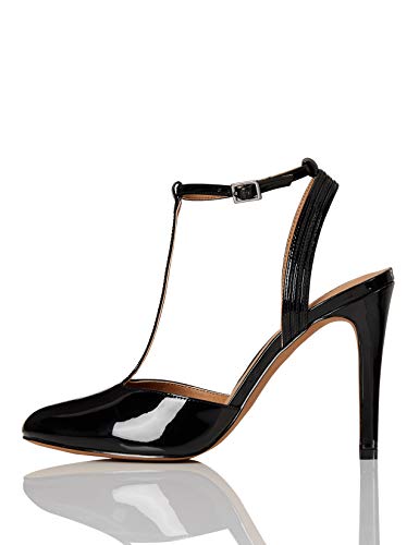 Marca Amazon - FIND Stiletto Round Toe T-Bar Zapatos de Tacón, Negro (Black), 37 EU
