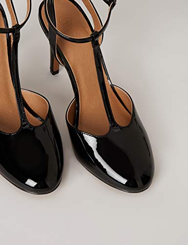 Marca Amazon - FIND Stiletto Round Toe T-Bar Zapatos de Tacón, Negro (Black), 38 EU