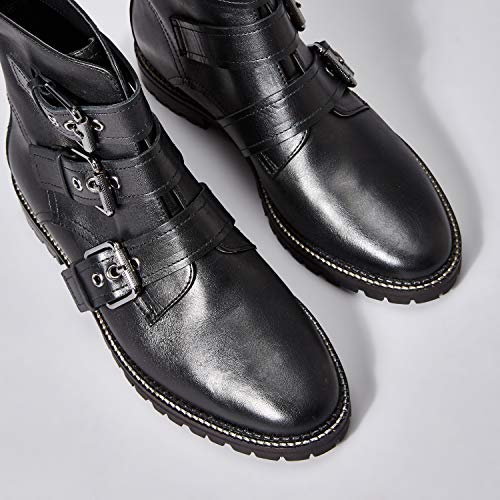 Marca Amazon - find. Three Buckle Leather Biker Botines, Negro Black, 37 EU