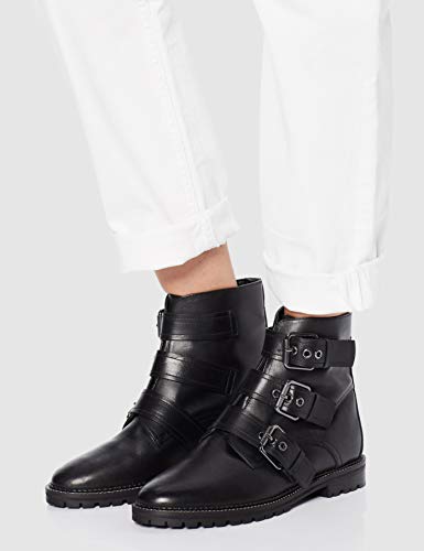 Marca Amazon - find. Three Buckle Leather Biker Botines, Negro Black, 37 EU