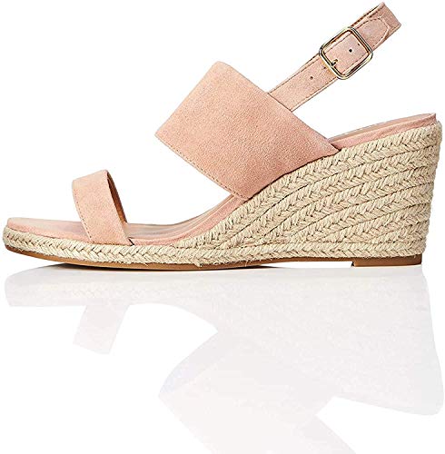 Marca Amazon - find. Wedge Leather Espadrille Sandalias con Punta Abierta, Rosa Pink, 38 EU