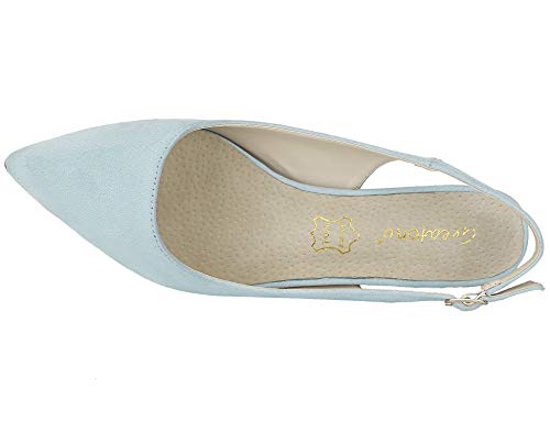 MaxMuxun Sandalias de Tacón Azul Claro Puntiagudo con Tira en el Tobillo Elegante Cómodo para Oficina Mujer Talla 40 EU