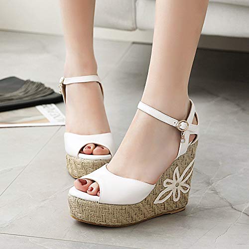 Mediffen Alpargatas Tacón De Cuña Sandalias Mujer Correa De Tobillo Peep Toe Plataforma Sandalias Mujer Tacón Alto De Cuña Fiesta Sandalias Blanco Talla 39 Asiática