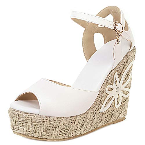 Mediffen Alpargatas Tacón De Cuña Sandalias Mujer Correa De Tobillo Peep Toe Plataforma Sandalias Mujer Tacón Alto De Cuña Fiesta Sandalias Blanco Talla 39 Asiática