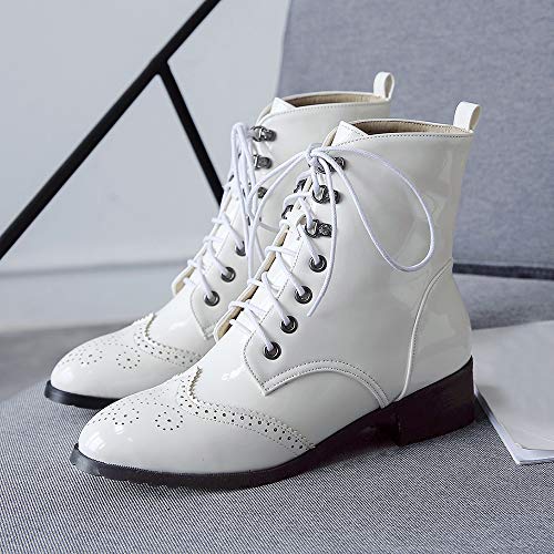 Mediffen Clásica Mujer Tacón Medio Brogue Botas De Estilo Motero Cordones Botines Mujer Tacón Ancho Otoño Boots Casual Retro Boots Blanco Talla 34 Asia